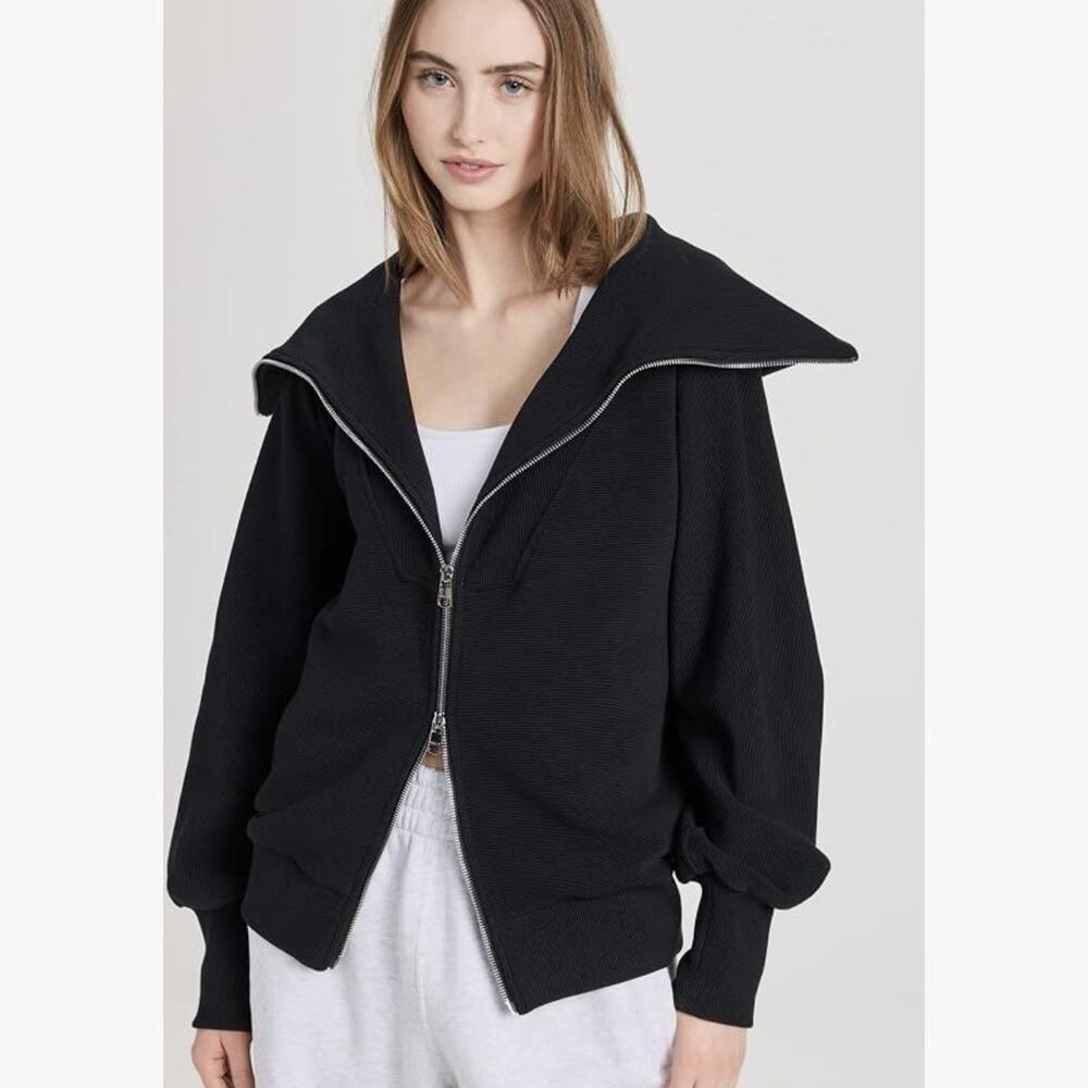 Varley Sz L Ells Jacket Black Ribbed Knit Oversized Fold-Over Collar Sweatshirt